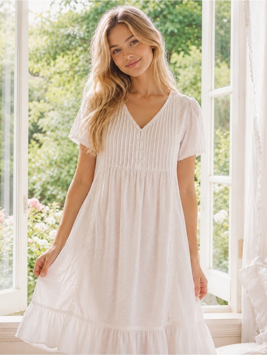 Emila Elliot Dresses & Skirts - Emilia Elliot -  White - 100% Cotton Nightdress - Feminine Eyelet Maxi Nightgown